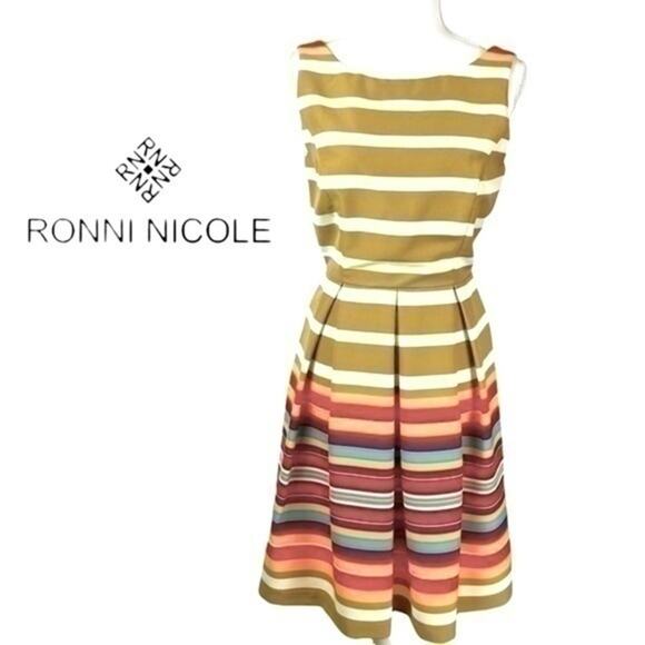 Ronnie Nicole Orange Tan Fit & Flare Striped Career Office Dress NWOT Size 8 - Picture 2 of 14